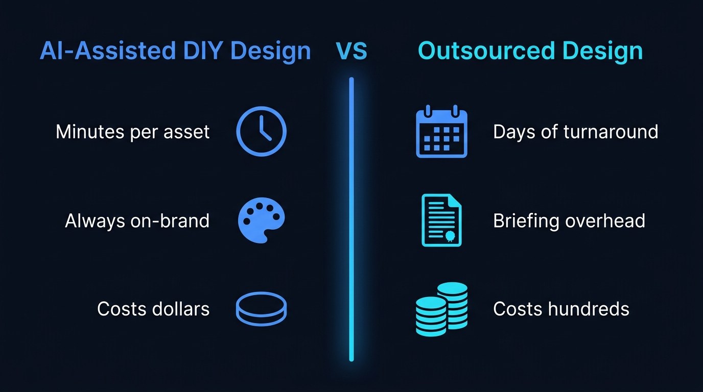 Comparison: AI-assisted DIY design versus outsourced design on speed, brand control, and cost