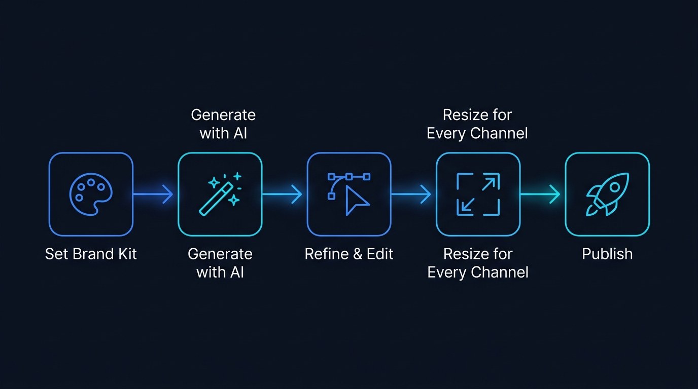 Process flow: the five-step AI design workflow from Brand Kit setup to publishing