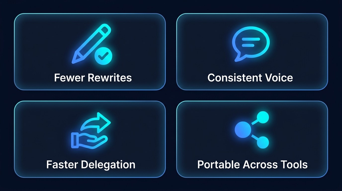 Benefits: fewer rewrites, consistent voice, faster delegation, portable across tools