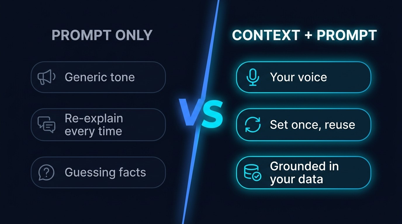 Comparison: prompt only versus context plus prompt, showing generic tone versus your voice