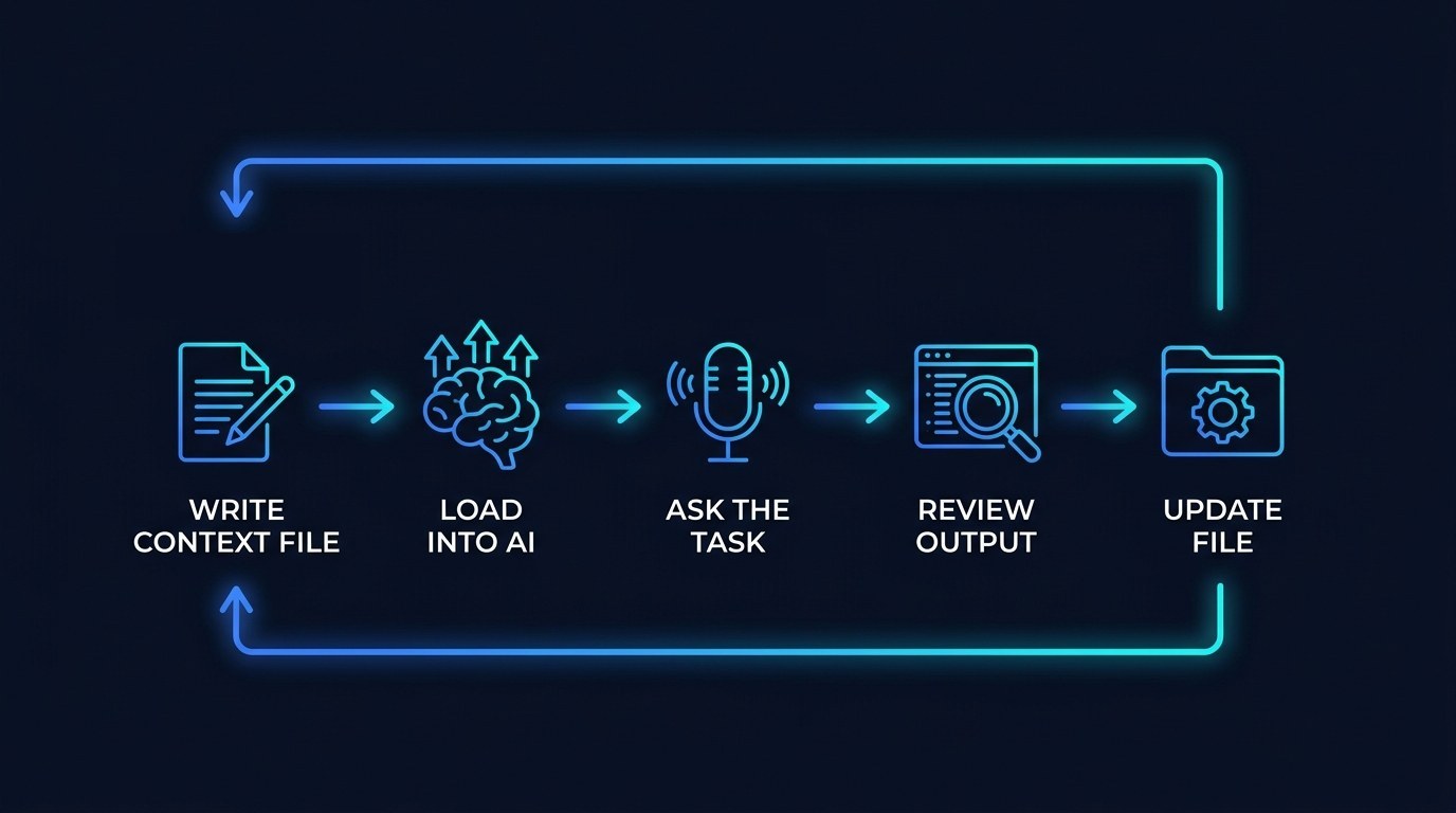 Process flow: the context engineering cycle, write context file, load into AI, ask the task, review output, update file
