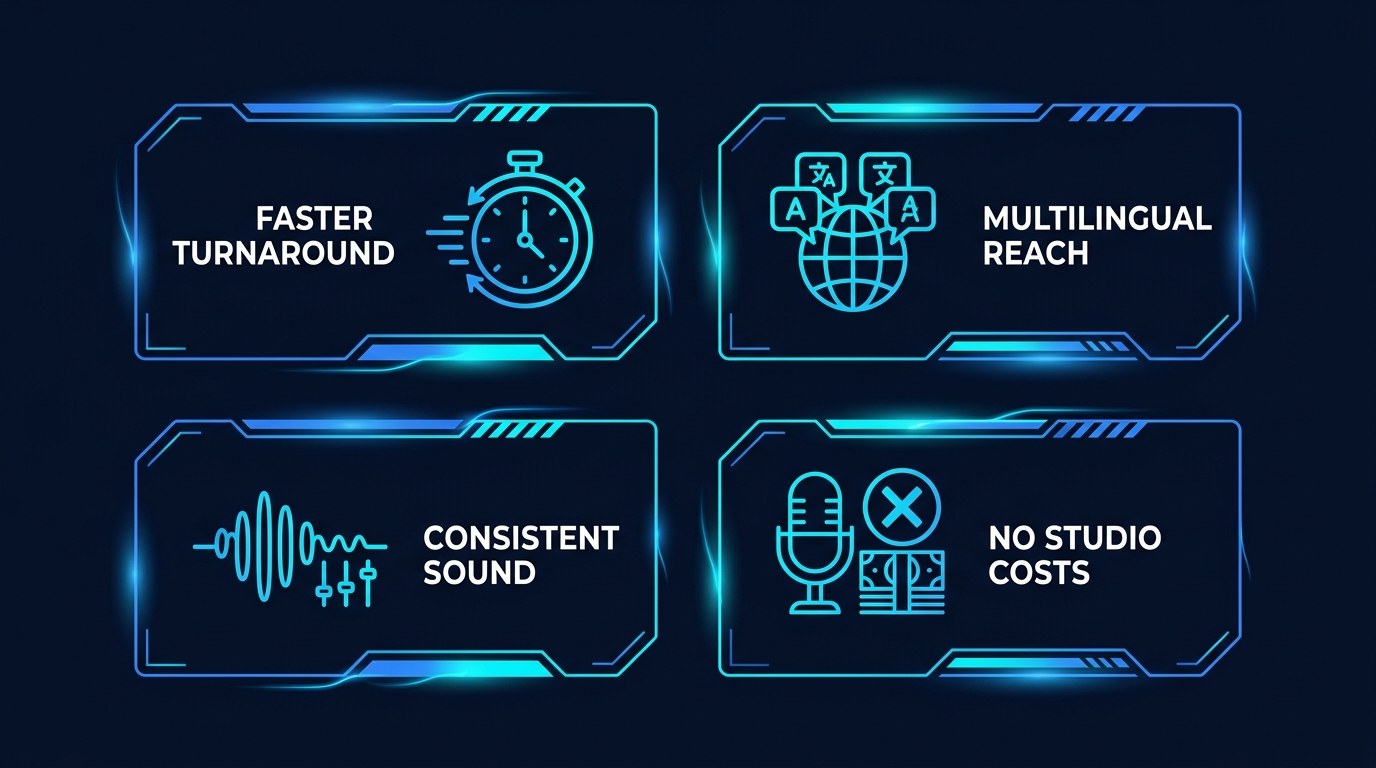 Benefits: a four-panel grid showing faster turnaround, multilingual reach, consistent sound, and no studio costs