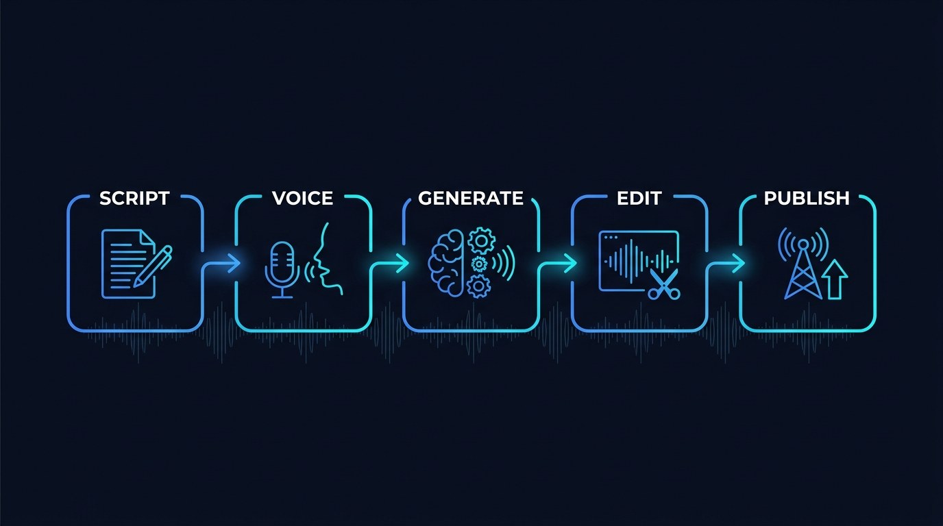 Process flow: the five-stage AI audio production pipeline from script through voice, generate, edit, and publish