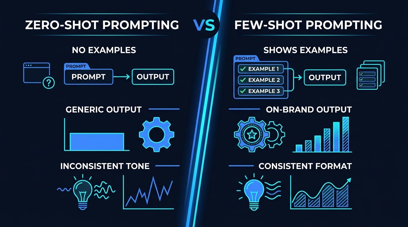 Comparison: zero-shot prompting versus few-shot prompting across examples, output quality, and consistency