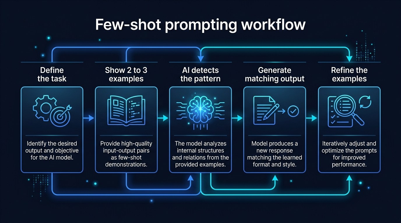 Process flow: the five-step few-shot prompting workflow from defining the task to refining examples