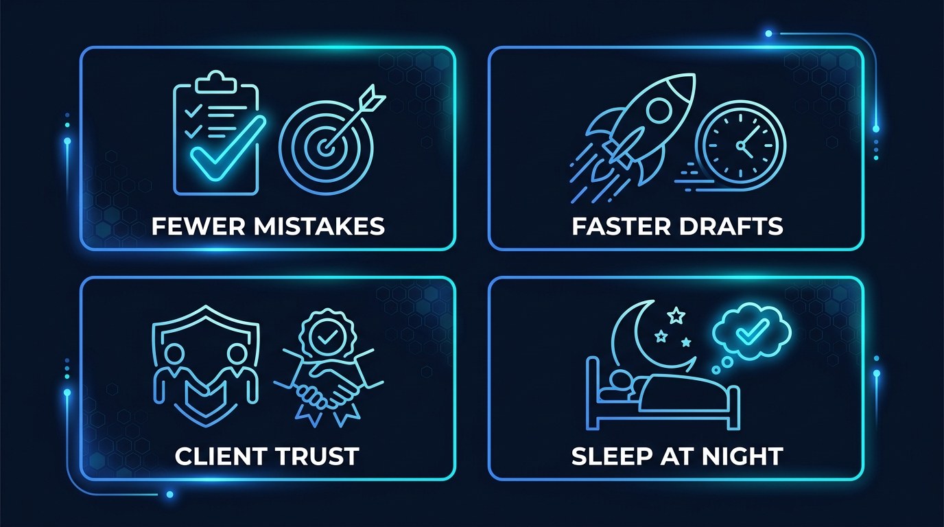 Benefits: fewer mistakes, faster drafts, client trust, and sleeping at night