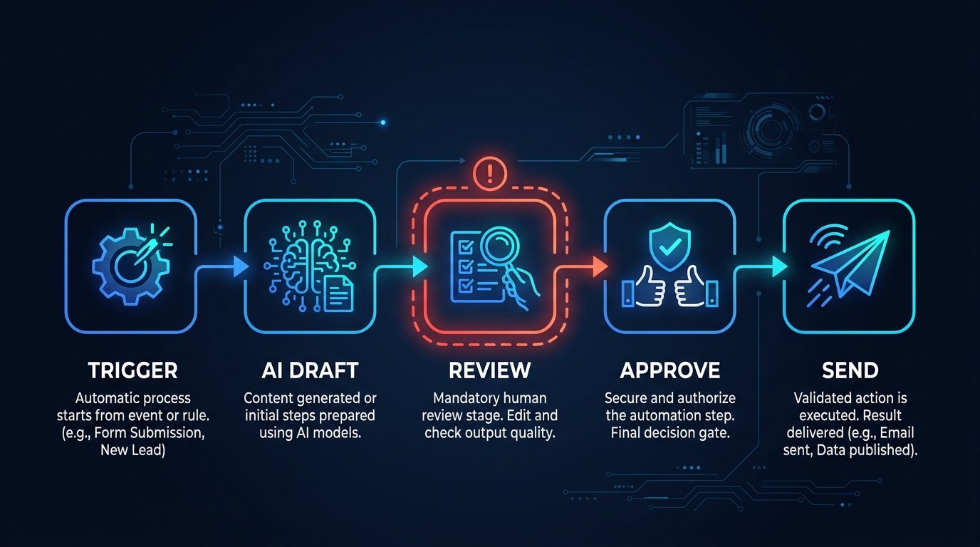 Process flow: an approval-gated automation moving from trigger to AI draft to review to approve to send