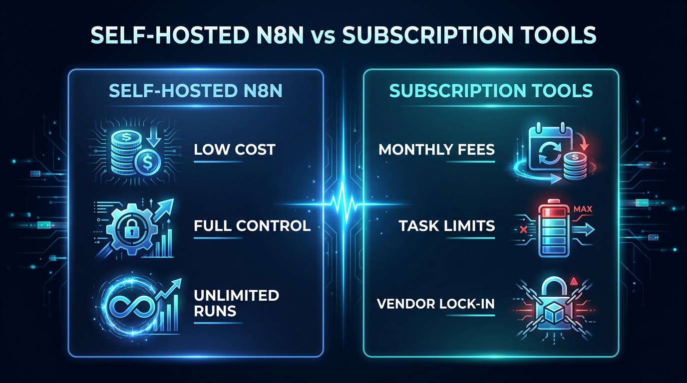 Comparison: self-hosted n8n versus subscription automation tools
