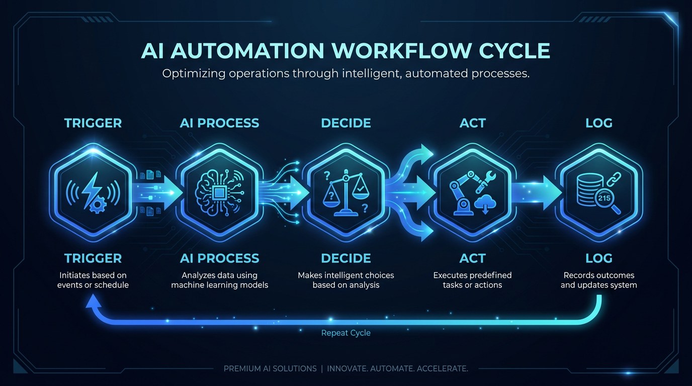 Process flow: the five-stage AI automation cycle from trigger to log